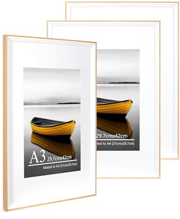 Baoee A3 Oak white Two Tone Picture Frame with A4 Mount,Set of 3,photo frame with acrylic glass, A3 Frame,Poster Frame, certificate frame,Wall Mountable