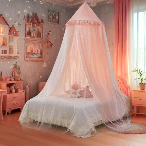 Eimilaly Princess Bed Canopy for Girls, Double Layer Canopy with Cutout Stars, Breathable Dream Canopy & Washable Pink Fabric, Fits Twin/Full Bed - Fairy Bed Tent for Kids Room Decor, Pink