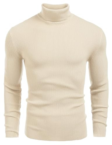 COOFANDY Pull à col roulé pour Homme, Pull en Maille Fine, Coupe Slim, Basique, Beige, Taille L