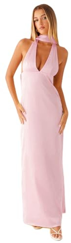 LYSINK Women Halter Floral Tube Maxi Dress with Scarf Sexy V Neck Y2K Backless Silk Satin Party Long Dress Summer Sundress (Ba Pink, S)