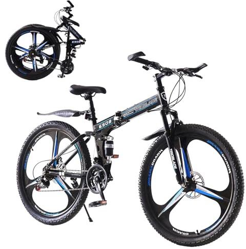 BSTSEL 24 Inch Adult Folding Mountain Bike, Dual Suspension Mountain Bikes with 24 Inches 3-Spoke Wheel, 21 Speed Mens and Womens Foldable Mountain Bicycle (24 Inch Black & Blue)