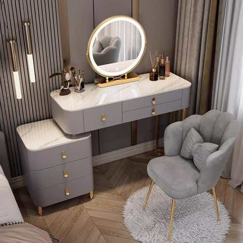 WEAFIEO Sminkbord med LED-belysning spegel – Sminkbordsset med 6 lådor och vadderad pall flicka modernt sminkbordsset (bord+stol+skåp)