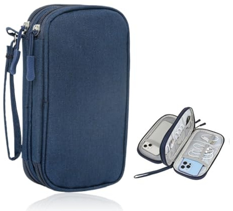 YUZNA Borsa per Cavi, 3 Strati Viaggio Accessori Utili, Elettronici Porta Cavi Organizer Viaggio, Accessori Custodia, Universale Organizer Cavi Portatile per USB, Schede SD, Hard Disk,Blu