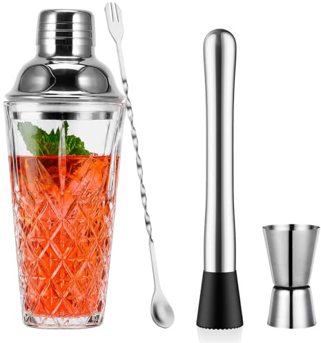 OUZHOU Shaker per cocktail, set da 4 pezzi, shaker da cocktail in vetro con coperchio in acciaio inox, a prova di perdite, shaker per coktail, set con misurino per vino, bastoncini di miscelazione per