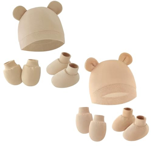 KEQAR Lot de 2 pour nouveau-né : Bonnet, chaussettes, moufles et chaussons en coton - Accessoires d'hiver pour bébé, couvre-chef, gants et ensemble de chaussettes