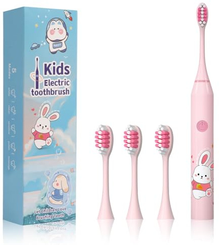 Kids Electric Toothbrush Rechargeable, 3+ Years, IPX7 Waterproof, 5 Modes & 2-Min Smart Timer, 24,000 VPM, Kids Sonic Toothbrush, Includes 4 Extra Soft Brush Heads Gentle on Gums (Pink)