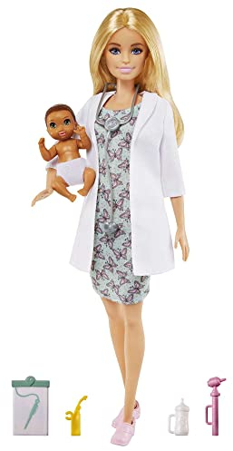 Barbie Baby Doctor Playset with Blonde Barbie Doll (12-in/30.40-cm), Infant Doll, Stethoscope, Thermometer, Oscilloscope, Chart, Blanket & Baby Bottle, Great Gift for Ages 3 Years Old & Up, GVK03