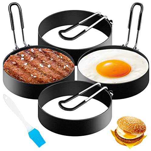 4 Pcs Anneaux D'oeuf Antiadhésifs, Moule Oeuf au Plat avec Poignées Pliante, Pancakes Moule en Acier Inoxydable, pour Cuisson œuf Pancakes Steaks, avec Pinceaux