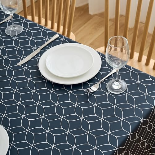 Dehaus® Nappe Toile Cirée Bleu Marine, Nappe de Table Plastique PVC Imperméable Anti-Tache, Motif Géométrique Geo Flow, Facile d'entretien Intérieur Extérieur, Rectangulaire 200 x 140 cm
