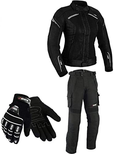 BOSmoto DAMEN MOTORRADKOMBI JACKE + HOSE + HANDSCHUHEN - BIKE MOTORRAD ROCKER TOURING,Sommer (S)