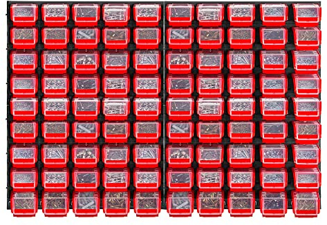 KADAX Werkstattwandregal, 116x78cm Lagersystem aus robustem Kunststoff, UV-Resistentes Werkstattregal, Erweiterbare Wandplatten, Schüttenregal für Garage, (Rot, 90 TLG.)