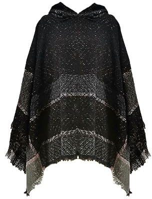 JFAN Poncho Donna Invernale con Cappuccio Mantella Scialle Elegante con Frange Poncho Mantelle Fatti a Maglia Donna(Nero,Taglia Unica)