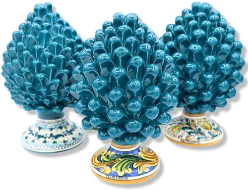 Piña de Pino de cerámica siciliana de Caltagirone, Altura Aprox. (1 Pieza) Verde Azulado con Tallo de decoración al Azar