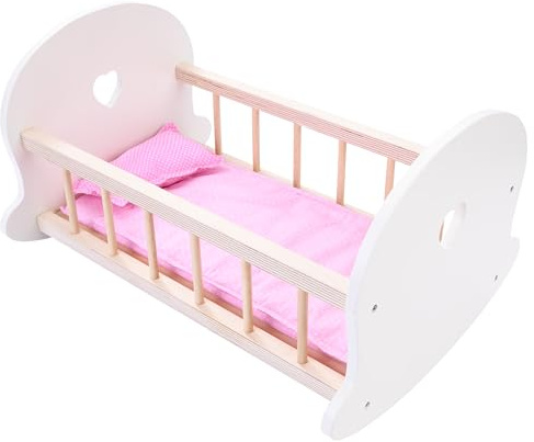 Wooden Doll Rocking Crib Pink White – Baby Doll Cradle 50 x 36 x 28 cm for Pretend Play, Children Ages 3+ 606013