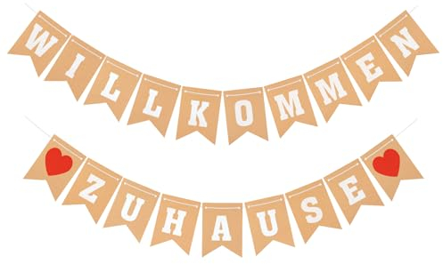 Cartel de Bienvenida a Casa en Alemán, Banderines Decoración de Bienvenida a Casa con dos Corazones para Fiesta de Inauguración de la Casa Regreso a Casa Fiesta Familiar Decoración Suministros
