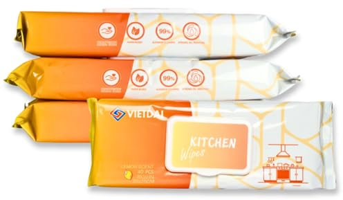 VIETDAI Salviette Pulizia Cucina XL Salviettine Sgrassatore Cucina al Profumo di Limone, Multiuso Superfici Salviette Detergenti Monouso per Fornello e Piastre a Induzione, Forni - 160 Pezzi