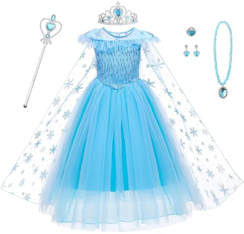 AYBUY Robe Enfant de Princesse, Deguisement Reine Des Neiges avec Accessoires de Baguette Magique Princesse Couronne Costume Princess pour Enfant Cosplay Noël Costume Carnaval(150CM)