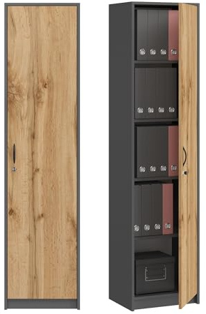 KUBUTKU Armadio da scrivania con serratura – Mobile portaoggetti con 1 anta e 5 scomparti, armadio universale per ufficio e casa, 180 x 44,5 x 35 cm, grafite/rovere Wotan