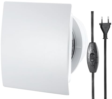 Moonjor - Ventilador de extracción de aire de cocina, impermeable, interruptor de botón, válvula de retención, cable de alimentación europeo de 1 m, para baño y WC (panel delgado curvado)