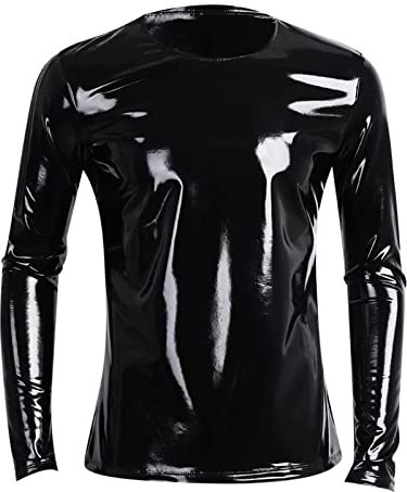 RUMAOZIA Cuir verni aspect latex noir - T-shirt à manches longues pour homme - Lingerie en latex - Top musculaire - T-shirt à manches longues stretch - Chemise à manches longues - Pour homme - Club