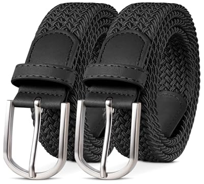 YOUCHAN 2 Pièces Unisexe Ceinture Élastique Femme Ceinture Tressée Homme Tissu 3.3 cm, Longueur Réglable 100-130 cm, Plusieurs Couleurs Noir + Noir 120 cm