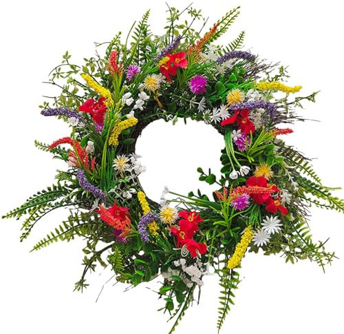 Corona de puerta decorativa, corona de puerta de primavera, guirnalda decorativa multiusos para primavera, verano, flores silvestres artificiales, decoración de primavera, para exteriores, pared, boda