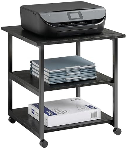 HOMCOM Carrello Porta Stampante a 3 Ripiani, Supporto Stampante con Ruote con Freno, Moderno e Salvaspazio in Acciaio e Legno, per Casa, Studio, Ufficio, 50x50x52.5cm, Nero