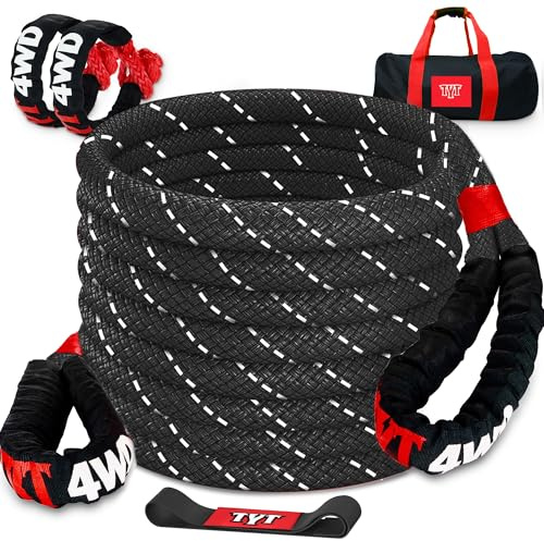 TYT Kinetic Recovery Rope,(1.26 in x 30ft Black) 55000lbs Snatch Strap, Heavy Duty Stretch Nylon Towing Ropes with 2pcs Soft Shackles for Offroad Vehicle,Jeep, SUV, ATV,UTV,Tractor Elastic Ropes Kit