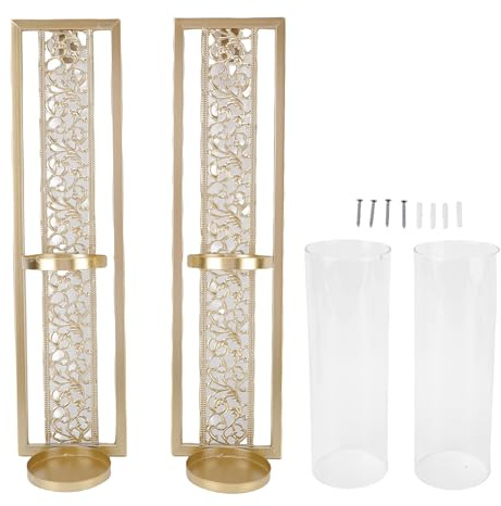 Yosoo Health Gear Candelabro de Pared, 2 Piezas de Arte de Pared de Metal Vintage, Diseño Hueco con Cubierta de Vidrio, para Decoración del Hogar, Sala de Estar y Dormitorio (GOLD)