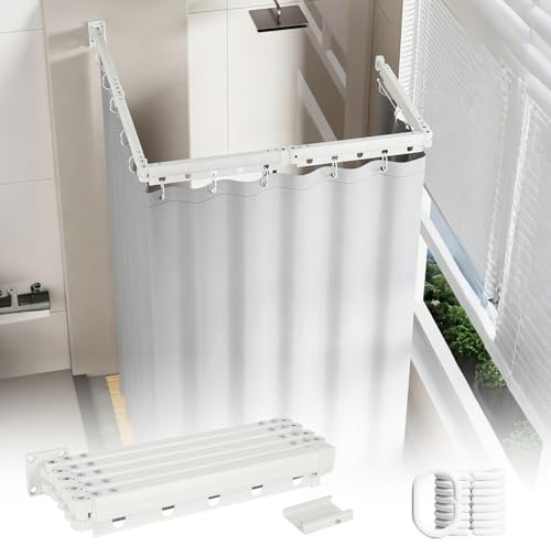 jackfru Asta per tenda da doccia pieghevole senza foratura, con tenda da doccia impermeabile, asta girevole a forma di L o dritta, tenda da doccia con asta per bagno (bianco, pieghevole a 5 scomparti)