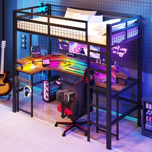 Huayz Cama alta de 90x200 cm con tira de luz LED, cama infantil con conexión USB + conector tipo C, litera con escritorio y pared de puntos, marco de hierro, sin colchón (Negro, 90×200 cm)