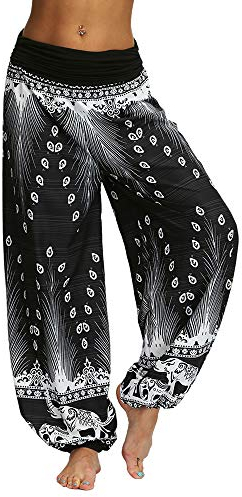 Nuofengkudu Damen Thai Hippie Hosen Haremshosen Baggy Yogahosen Leichte Boho Print Pluderhose High Waist Strandhose Freizeithose (Schwarz B,XL)