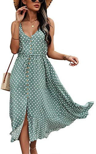 BROVAVE Women's 2025 Summer Casual Boho Sundress Polka Dot Spaghetti Strap V Neck Flowy Midi Dresses(008 Green, Medium)