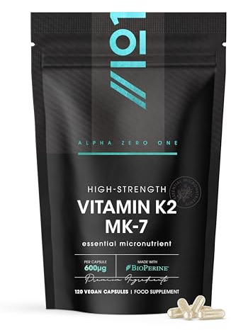 Vitamine K2 MK-7 600µg – 120 Gélules Véganes – Vitamine K Végane à Base de Natto Fermenté – Soutient la Santé des Os – Pochette Refermable et Recyclable – par Alpha01