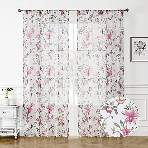 Tollpiz Floral Sheer Curtains Pink Cherry Flower Butterfly Print Bedroom Curtain Rod Pocket Voile Linen Look White Sheer Curtains for Living Room, 54 x 72 inches Long, Set of 2 Panels