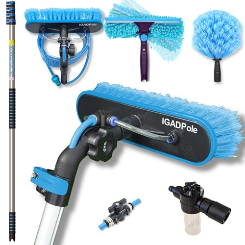 IGADPole Washing Kit: Water-fed Brush, Cobweb Duster and 10''(25cm) Squeegee, Window Cleaning Pole, Water Fed Telescopic Brush, Extendable Long Reach Window Cleaner Equipment Blue, 4.5m Pole (IP132)