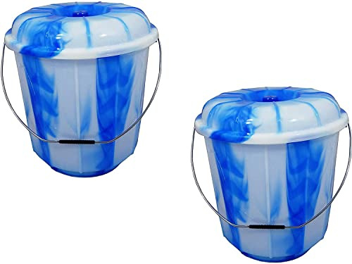 (Set of 2) - 3L Litre Plastic Tie Dye Design Buckets with Lid and Metal Handle Multipurpose Storage Bucket Hard Wearing Bucket for Garden Home Cleaning Camping Fishing Travel Water Storage (Blue)