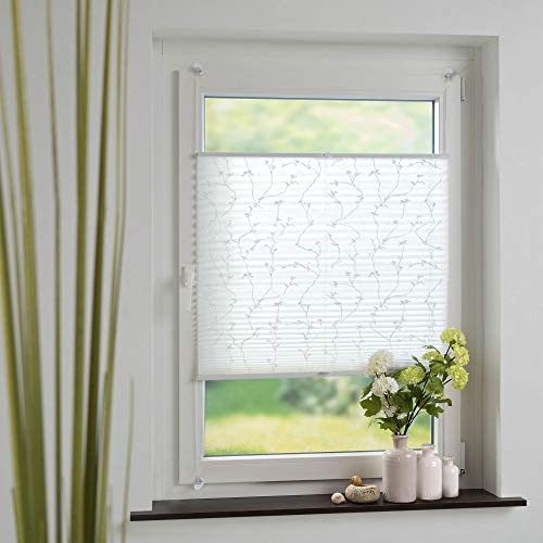 Plissee mit Blumenmotiv, verstellbare Klemmträger, ohne Bohren, einfache Montage am Fensterrahmen, Breite: 90 cm/Länge: 210 cm