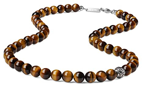 GAVU Collana Pietre Naturali e Cristalli da Uomo con Perline di Occhio di Tigre e Amuleto Fleur de Lis 65cm