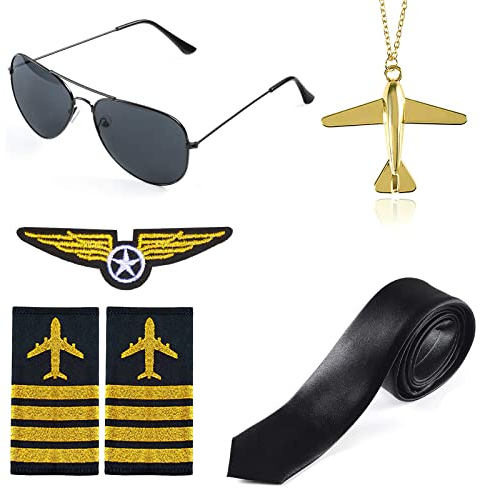 Hifot Pilot Captain Kostüm Set für Kinder, Piloten Sonnenbrille Kette Epauletten Abzeichen Dress up Zubehör für Herren Junge Erwachsene Halloween Fasching Party Karneval