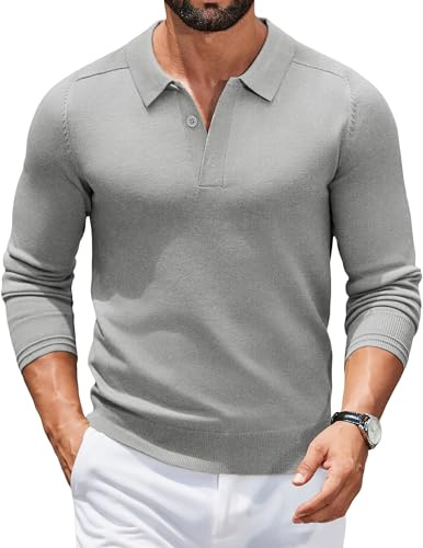COOFANDY Jersey para Hombre Cuello Polo Jersey Manga Larga Suéter de Punto Negocios Suéter Informal Sweater Básico Color Sólido Regular Fit Gris Medio S