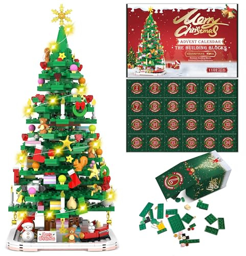 Advent Calendar 2025 Christmas Tree Building Toy Set with LED light, Christmas Countdown Calendar, 24 Days Building Block for Kids Adult Creative Gifts for Adults Teens Girls Ages 8+