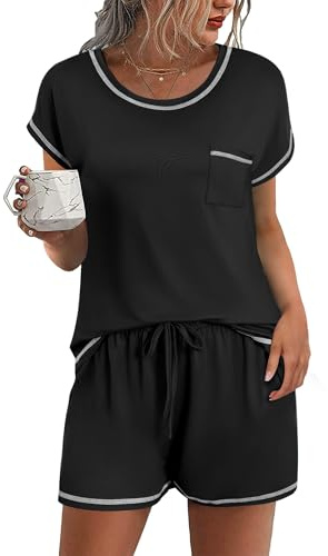 Ekouaer Womens Pajama Sets 2 Piece Soft Short Sleeve Top and Shorts Sleepwear Round Neck Pjs Lounge Set with Pockets Black Medium