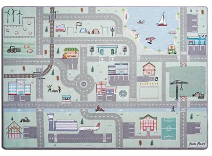 Feeti Floor Neu Pastell Spielteppich Straße | 1,4 x 2,0 m | Ökotex 100, geruchsneutral, Antirutsch | hochwertiger Teppich Kinderzimmer/Kinderteppich/Autoteppich