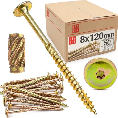 Tornillos para madera 8,0 x 120 mm (50 Uds.), torx TX40, cabeza arandela, tornillo autorroscante, galvanizado amarillo, con aletas fresadoras, fijación terraza, uso construcción, aglomerado, Lun Fix