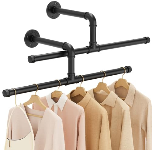 Yawinhe Perchero de Pared para Colgar Ropa, 51cm, Colgante de Prendas de Metal Retro Desmontable, Barras de Suspensión Industrial, para Sala de Estar, Cocina, 2-Pack, Negro