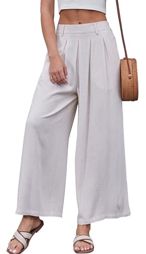 Fakanhui Pantalon pour femmes en lin, décontracté, sans ventre, Capri, jambes larges et décontractées, Palazzo, pantalon en coton et lin, kaki, L