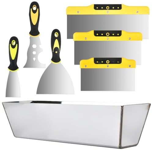 CENBEN Wallpaper Scraper Tool, 7 Pieces Stainless Steel Drywall Hand Tool Kit Includes Taping Knife, Putty Knife and 12 Mud Pan with Ergonomic Handles, Wallpaper Scraper Set Plastering Tools Set
