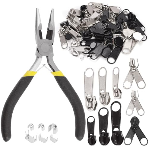 Swpeet Kit surtido de 85 piezas #3#5#8 de reparación de cremallera con alicates de punta de aguja, incluye deslizadores de cremallera, topes superiores en forma de U, tiradores de cremallera y topes