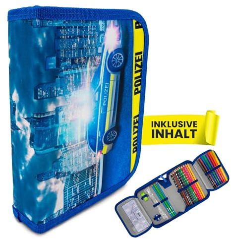 itenga Schüler-Etui 28 teilig gefüllt 1-Zipper Federmäppchen für Jungen und Mädchen (Polizei)